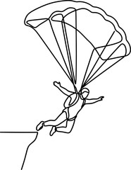 Continuous one line drawing of a person base jumping from a cliff with a parachute. © Dhea