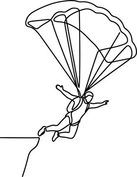 Continuous one line drawing of a person base jumping from a cliff with a parachute.