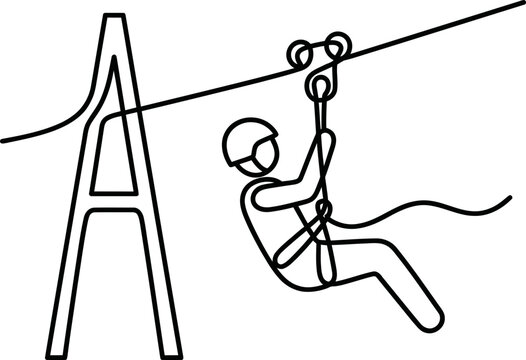 Minimalist continuous line drawing of a person on a zip line adventure.