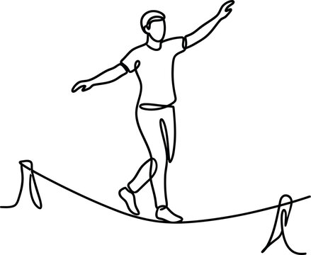 Continuous one line drawing of a man balancing on a tightrope.