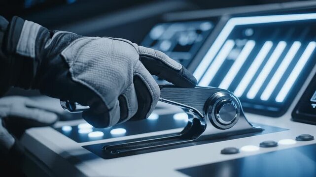 Pilot in glove operating metal throttle lever on spaceship control panel. Futuristic command module interface with illuminated digital gauges for spacecraft navigation