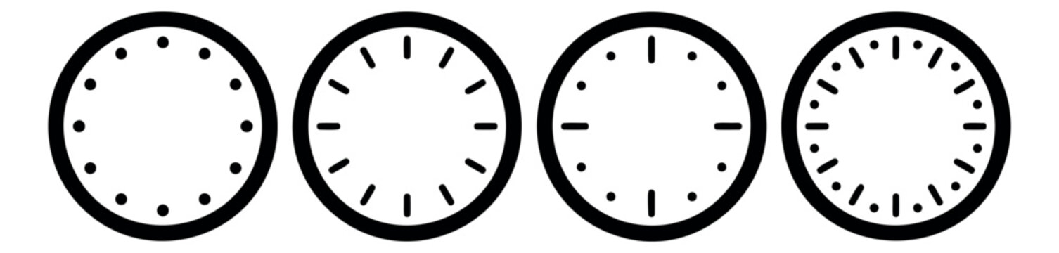 Outline icon set of  blank clock faces featuring empty dial variations for time and schedule design