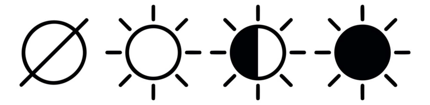 Outline icon set of  brightness level symbols featuring no signal, low, half and full sun for display and ui design