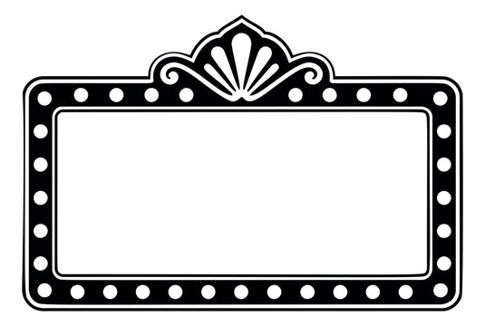 Flat silhouette illustration of a retro theater marquee sign depicting a decorative frame with bulb lights for entertainment design
