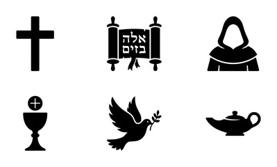 Fototapeta premium Religious Symbols Collection: Cross, Torah Scroll, Monk, Chalice, Dove, Lamp Icons