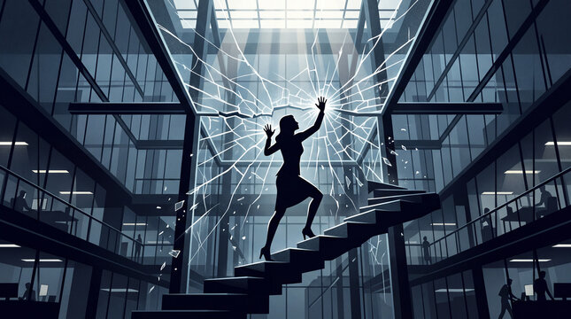 Conceptual digital art depicting the glass ceiling and career advancement obstacles
