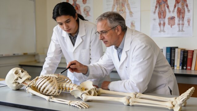 Medical student and professor studying human skeleton anatomy in classroom