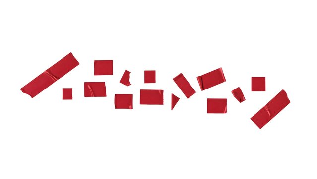 A collection of fragmented red rectangular prisms arranged in a scattered composition on transparent background prism blocks geometric shapes disassembled broken deconstructed