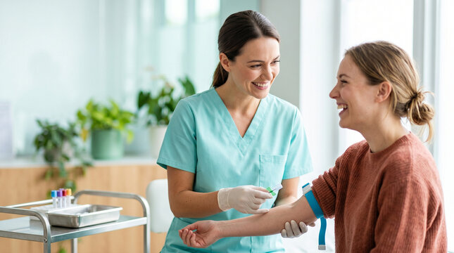 Nurse collecting clinical blood sample from smiling woman in clinic - Concept of World Hepatitis Day  