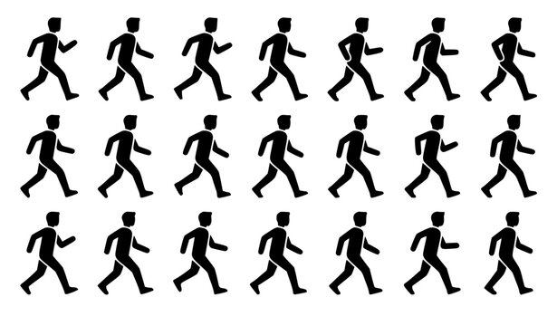 Walking human silhouette animation sequence set showing a man marching in different frame poses for movement loop and active pedestrian lifestyle concepts