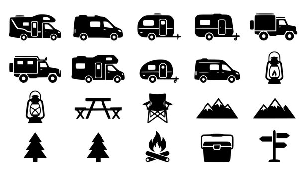 Recreational vehicle and mountain camping icon set featuring black silhouettes of motorhomes camper vans travel trailers campfires coolers lanterns and pine trees