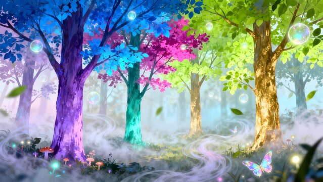 Colorful fantasy forest with glowing trees