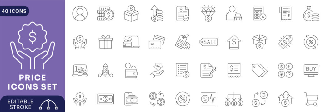 Price line icon set. Containing price, price tag, cost, quotation, invoice, estimate, product, discount. Editable stroke