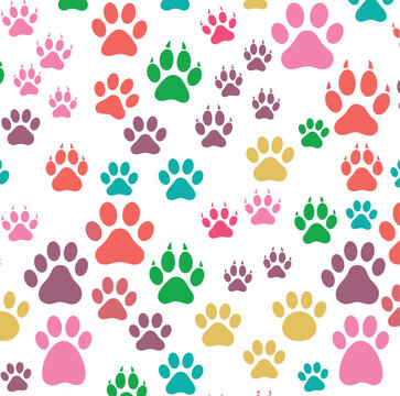 Colorful animal paw prints seamless pattern vector background with cute dog cat and wild claw tracks on white