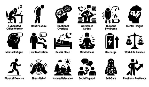 Workplace burnout and mental health recovery icon set featuring black silhouettes for stress management meditation posture sleep recharge and life balance concepts