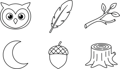 Set of cute forest nature icons including owl face feather branch acorn moon and tree stump © Simu Store