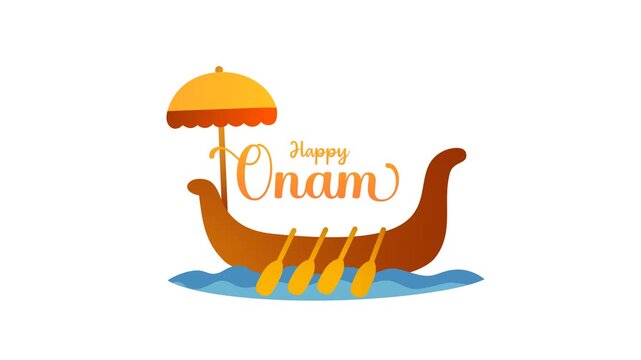 Onam festival celebration illustration ornate boats with on kerala waterways festival cultural tradition India vector graphic happy greetings. Alpha channel 4k