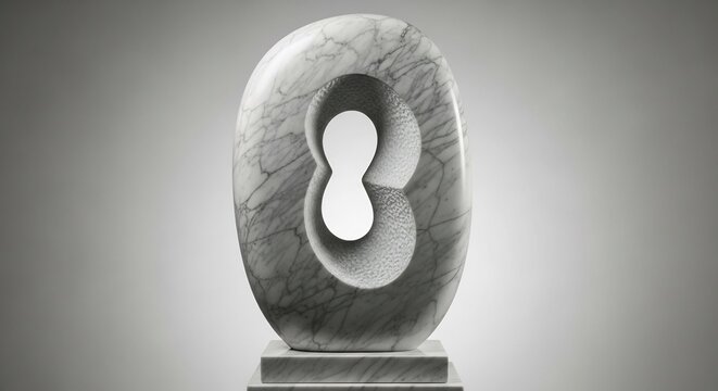 Abstract white marble sculpture with organic void on pedestal