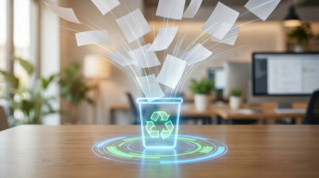 Paperless office concept glowing recycle bin with flying document in modern workplace