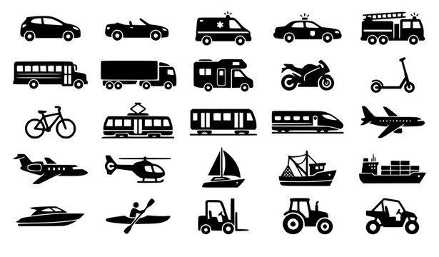 Logistics travel and industrial transport icons collection with school bus ambulance fire engine motorcycle scooter yacht forklift tractor and cargo shipping graphics
