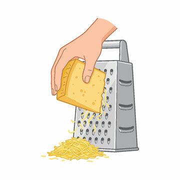 Hand grating a block of yellow cheese using a metal box grater illustration.