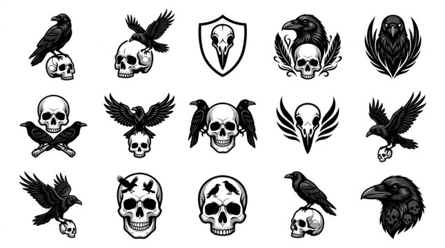 Skulls and birds black icons set.