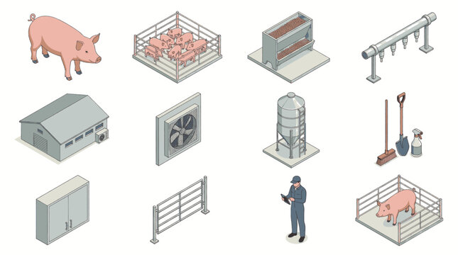 Isometric illustrations of a pig farm, including pigs, buildings, and equipment.