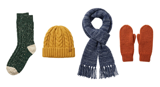 Winter clothing accessories with knitted hat scarf and mittens