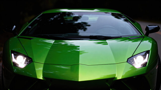 Green sports car driving on asphalt road. Powerful luxury vehicle front view with bright LED headlights. Automotive industry concept, modern speed and high performance engineering design.