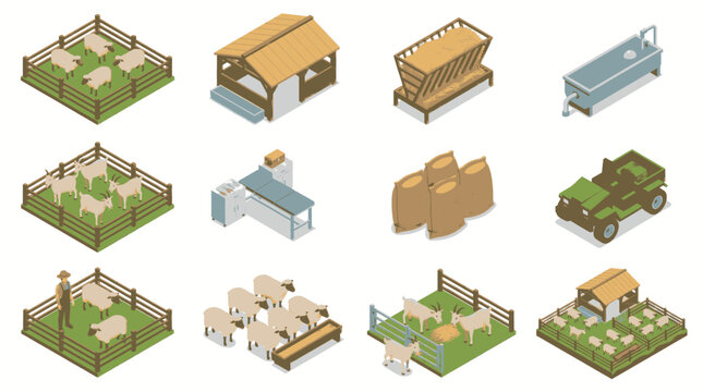 Isometric farm elements including sheep pens, barns, silos, feeders, and a tractor, illustrating rural agricultural life.