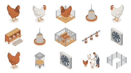 Isometric set of chicken farming elements including chickens, coops, feeders, and fans. © Sobo