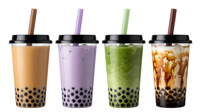 Assorted boba milk tea drinks in plastic takeaway cups