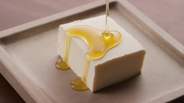 Golden honey is drizzled over a block of white tofu on a minimalist ceramic plate, highlighting a blend of sweet and savory elements in a close-up food preparation video.
