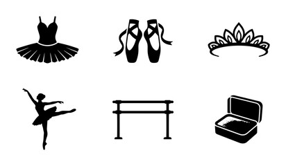 Ballet Icons Set: Tutu, Pointe Shoes, Tiara, Dancer, Barre, Case Vector Graphics © Sojub
