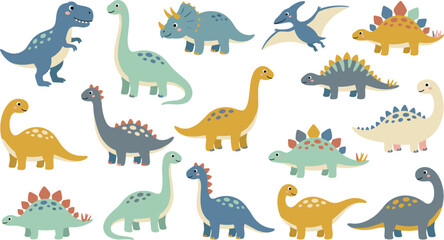Cute Cartoon Dinosaur Vector Set with Tyrannosaurus Rex Brachiosaurus Triceratops Pterodactyl and Stegosaurus Species for Kids Room Wall Decor Graphic Designs © Rumi