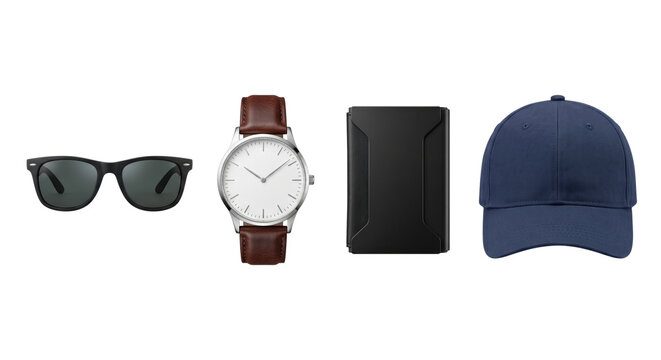 Men casual fashion accessories with watch sunglasses and wallet