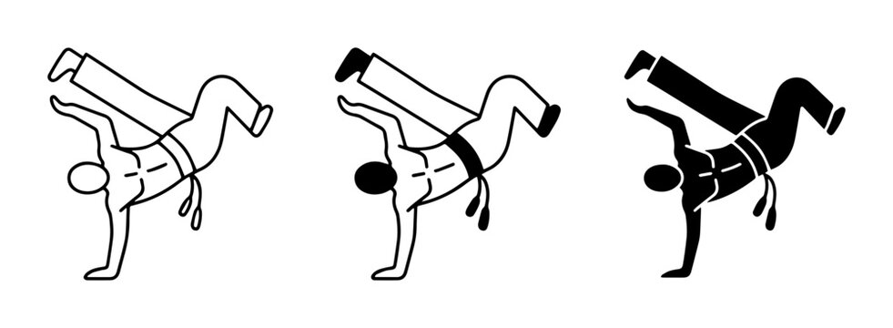 Capoeira Acrobatics, Martial Arts Silhouette, Dynamic Dance Pose Vector Icons