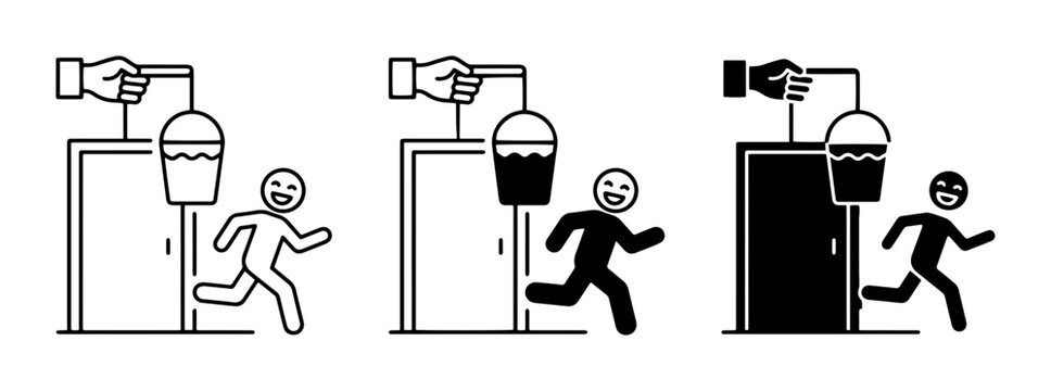 Prank, Practical Joke, Water Bucket Trap Icons. Humor, Mischief, Surprise Vector Set