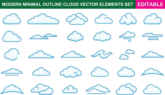 Modern minimal outline cloud vector elements set