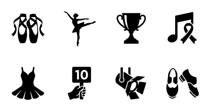 Ballet Dance Icons: Pointe Shoes, Dancer, Tutu, Spotlight, Music Note, Trophy, Scorecard, Tap Shoes