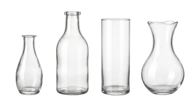Empty vintage glass bottles and vases in various shapes