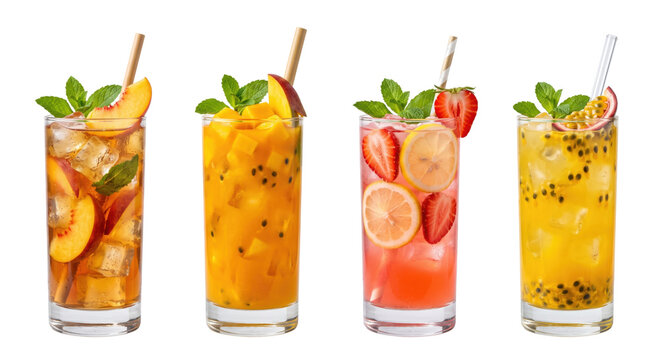 Assorted refreshing fruit iced tea drinks in tall glasses