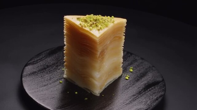A piece of layered pastry topped with pistachios sits on a dark plate under dramatic shifting light, highlighting its delicate, flaky textures in a cinematic display.