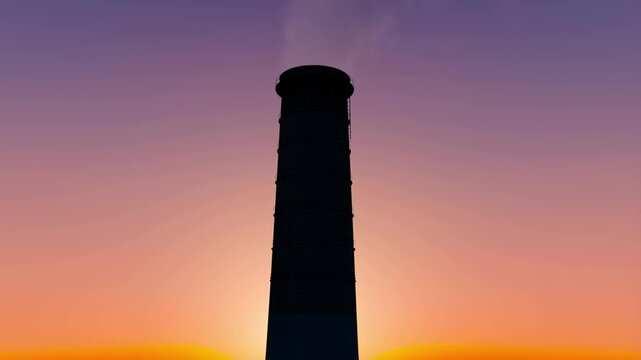A silhouette of a tall industrial chimney stands against a vibrant sunset sky, with a faint trail of smoke drifting into the fading light.