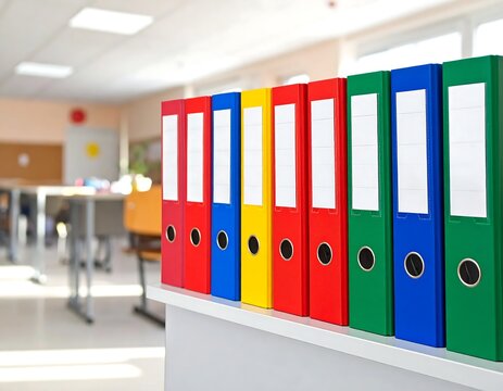 Colorful Ring Binders Lined Up on a Shelf in a Classroom.
