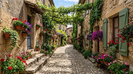 Fototapeta premium Charming European cobblestone alleyway surrounded by rustic stone buildings with green shutters, vibrant hanging flower baskets, sun rays.