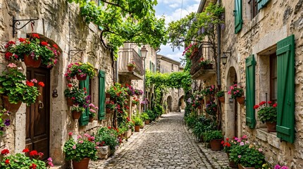 Naklejka premium Charming European cobblestone alleyway surrounded by rustic stone buildings with green shutters, vibrant hanging flower baskets, sun rays.