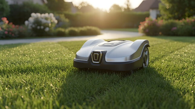 Robotic Lawn Mower Cutting Green Grass in Garden | Smart Home Automatic Grass Trimmer on Backyard Lawn | Modern Cordless Autonomous Mower Working at Sunset | Innovative Landscaping Technology 