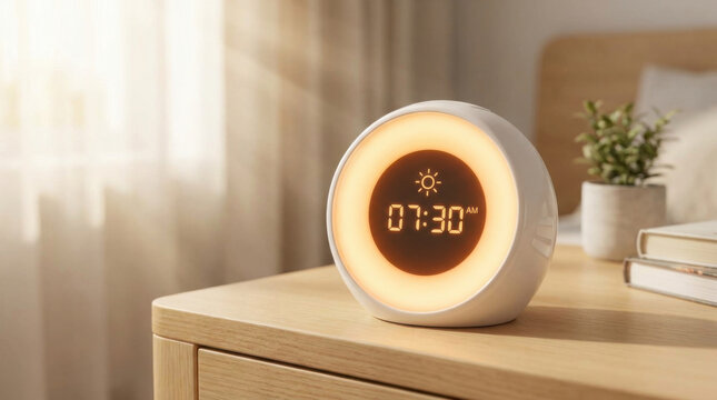 Glowing digital alarm clock on wooden nightstand in cozy bedroom with warm morning light and minimal home decor
