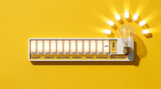 Idea development progress bar from concept to breakthrough with lightbulb